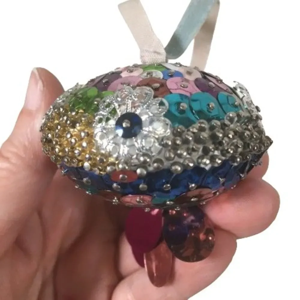 Vintage Push Pin Beaded Jewel Bead Sequin Christmas Tree Ornament Multi-Colored